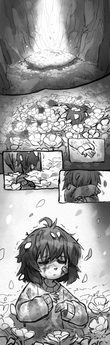 I remembered that I wanted to practice drawing comics and find a comfortable style for myself in a painterly manner, inspired by my favorite manga "Made in abyss". So I made a very rough doodle back in July 2021 based on the story of Undertale.>>