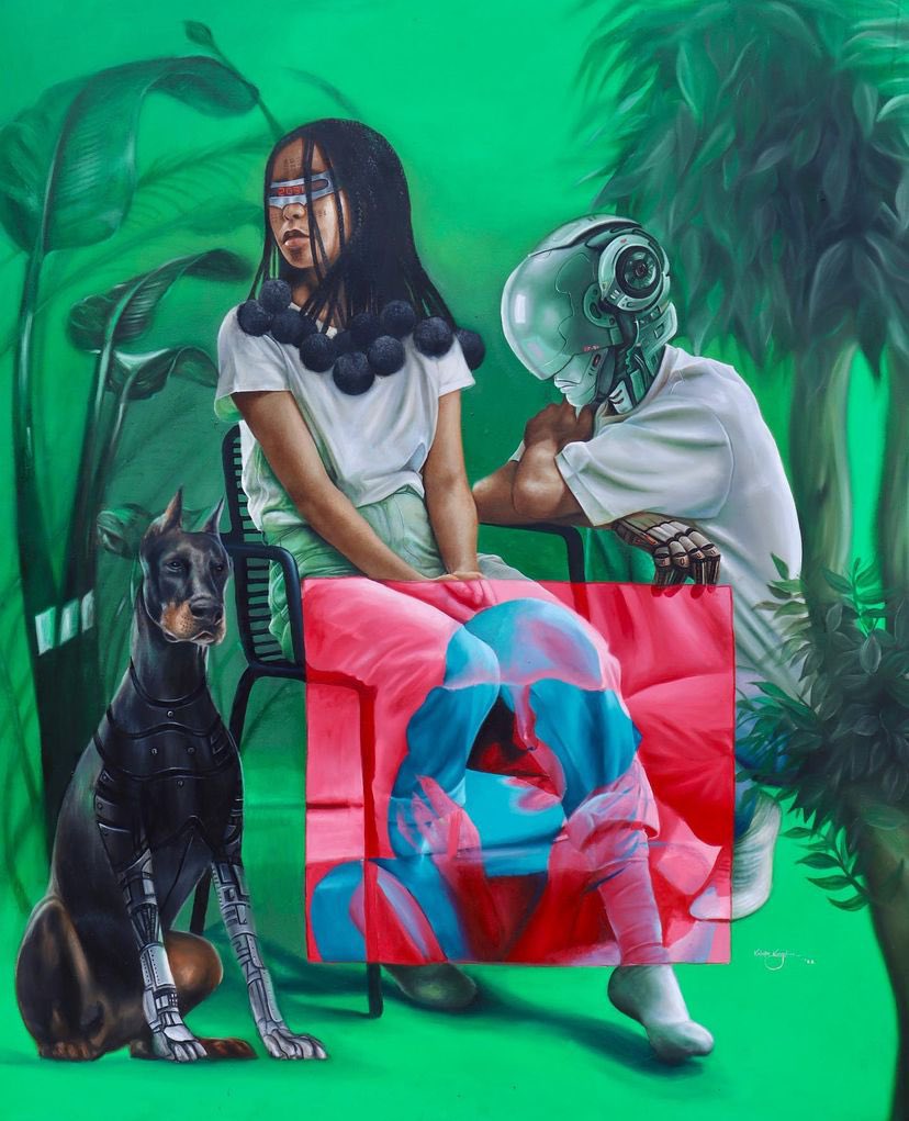 kingdiah's tweet photo. In my dream, I met a lady who traveled with a hypothetical device through time and saw how beautiful and easy life can be with technology but in exchange losing our reality and nature. 
So I painted what I saw below https://t.co/oIdP6XjQqr