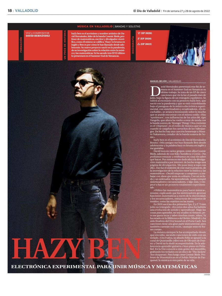 Hoy salgo a página completa en el <a href="/DiadeValladolid/">El Día de Valladolid</a> 💜📰 hablando sobre mi nuevo EP que se presenta mañana en el <a href="/SummerEndfesti/">Welcome Summer festival</a>, también sobre música, matemáticas, sintetizadores, la bso de Sonic y de ir al coro con mi abuelo. 

Gracias a <a href="/ManuBelver/">Manuel Belver</a> por la entrevista. Un placer.