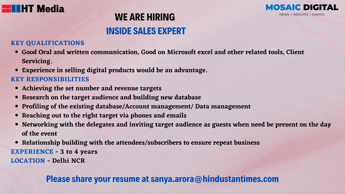 Mosaic Digital (@mosaicdigitalin) on Twitter photo #HiringAlert
<a href="/Ishitta27/">Ishitta</a> | <a href="/SanyaArora1329/">Sanya Arora</a> | <a href="/TechCircleIndia/">TechCircle</a> | <a href="/vccircle/">VCCircle</a>
#insidesales #clientservicing #digitalproducts #sales #research #accountmanagement #datamanagement #relationshipbuilding #delhi #delhincr #delhincrjobs #HiringAlert
<a href="/Ishitta27/">Ishitta</a> | <a href="/SanyaArora1329/">Sanya Arora</a> | <a href="/TechCircleIndia/">TechCircle</a> | <a href="/vccircle/">VCCircle</a>
#insidesales #clientservicing #digitalproducts #sales #research #accountmanagement #datamanagement #relationshipbuilding #delhi #delhincr #delhincrjobs