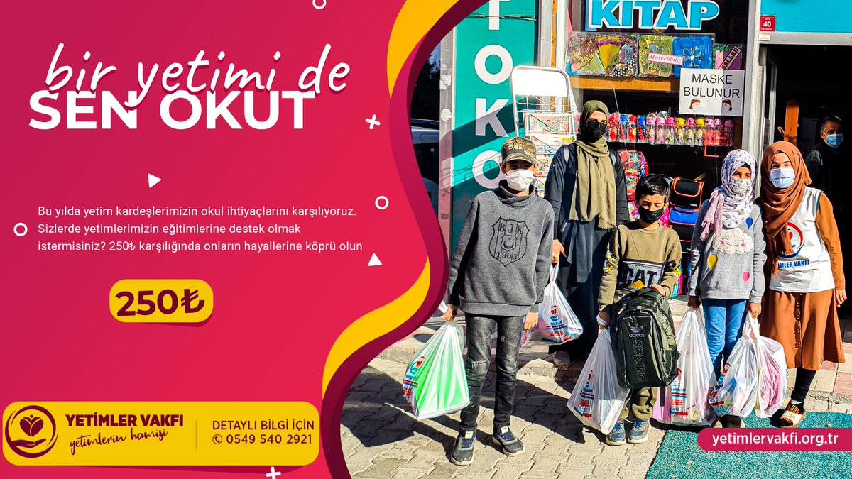 YetimlerVakfim's tweet photo. "Bir yetim de sen okut" projesiyle bu yılda yetim kardeşlerimizi okutuyoruz. Sizlerde yetim kardeşlerimizin ellerinden tutun onların eğitimlerine destek olun. 250₺ karşılığında onlara yardım edin.
İletişim:

📱0549 540 29 21

🌐https://t.co/owq9n2qZcW https://t.co/zHBAhflasb