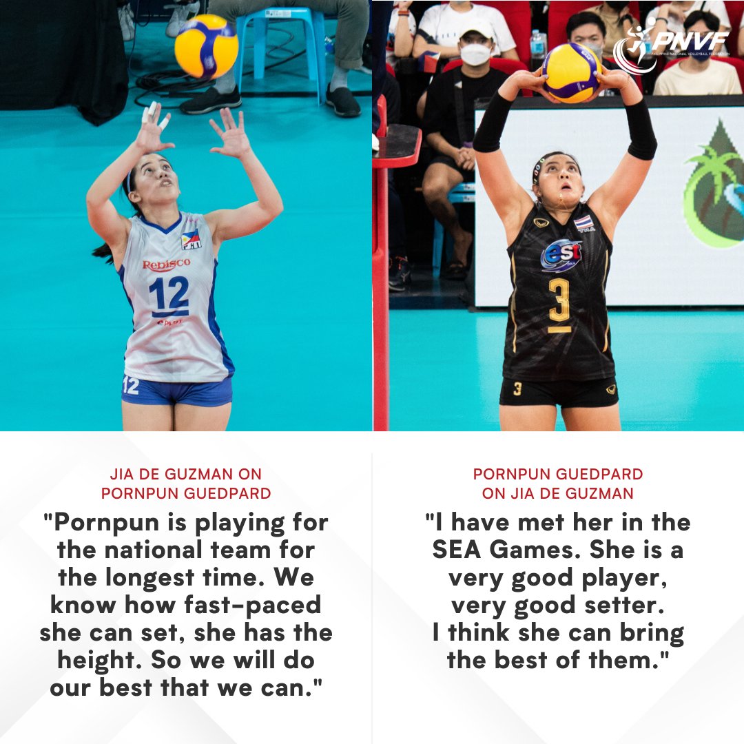 volleyball_phi's tweet photo. JIA DE GUZMAN &amp; PORNPUN GUEDPARD. 

One of the most-anticipated match-ups in the Philippines-Thailand quarterfinals clash is between setters Jia De Guzman and Pornpun Guedpard. Expect them to lead their squads as they vie for a semis slot in the 2022 #AVCCupForWomen! #AVCCup2022 https://t.co/NXazYaW819