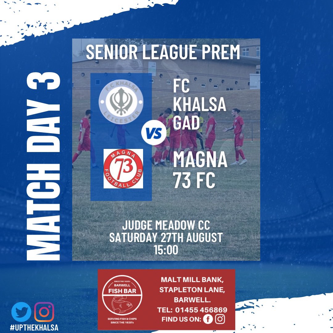 ⚠️⚠️ NEXT MATCH ⚠️⚠️

We go again this Saturday Vs Magna 73.  Everyone get down and support the lads…

‼️‼️ Limited Parking Due To Ground Maintenance. Please Park In The First Car Park As You Come In ‼️‼️
#khalsa #leicester #leicesterseniorleague #football