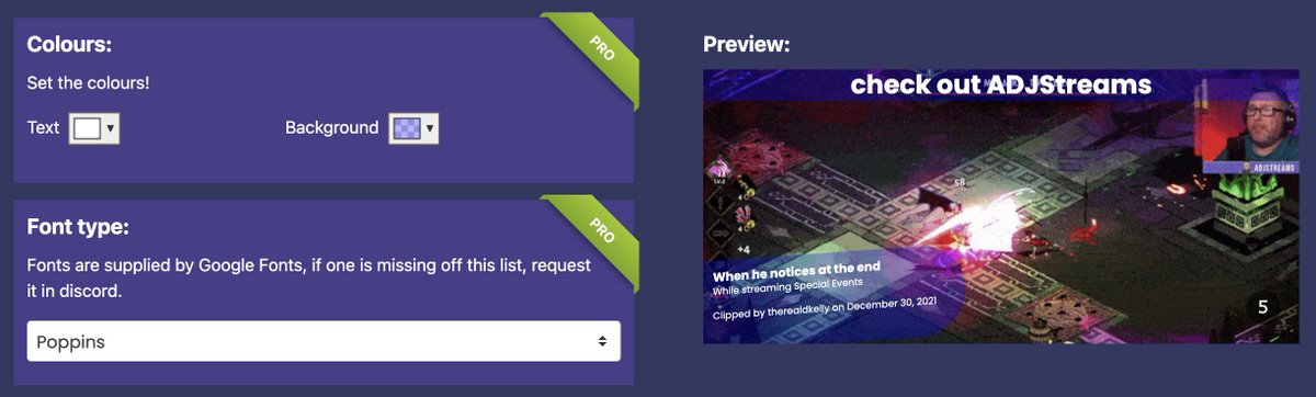 StreamGoodGG's tweet photo. ✨ NEW FEATURE! ✨
Another feature requested by users.
From Tomorrow, change the appearance of our clip players. The colours and fonts used in the info overlays are both customisable!
If there's a font you'd like us to add, get in touch!
#CleanYourClips #StreamGood https://t.co/fAHxQ5MVyf