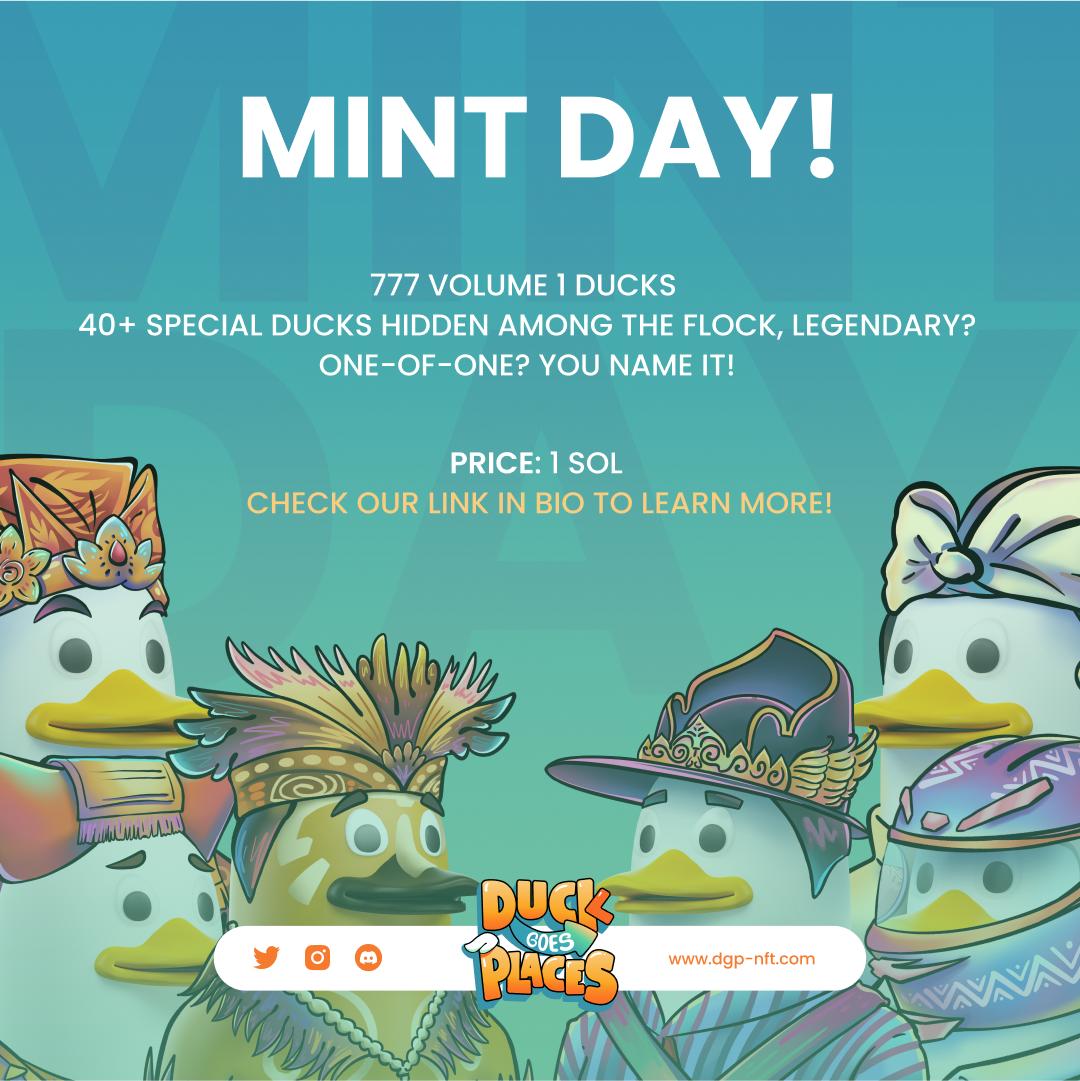 MINT DAY!
777 volume 1 Ducks
40+ special Ducks hidden among the flock, Legendary? One-of-one? You name it!
Win merch or product from our collaborations, join our IRL events for free, and many more exciting things in the future.
Price: 1 SOL
mint.v1.dgp-nft.com