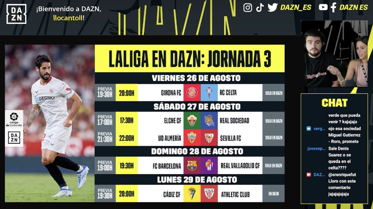 DAZN_ES's tweet photo. ¡Nos ponemos a repasar la Jornada 3 de #LaLiga con @AlexDeLlano e @I__Molina! 

Alineaciones, jugadores que pueden estar y mucho más...

▶️ https://t.co/j6K4qQi7zi https://t.co/NyBdBAcuHK