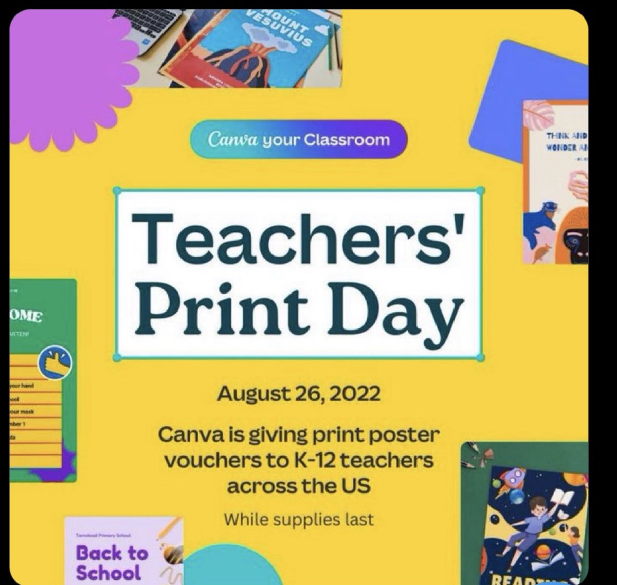 If you’re an educator using a @canva educational account, don’t forget to print your free poster today! ($25 Value)  Code: BACKTOSCHOOL22