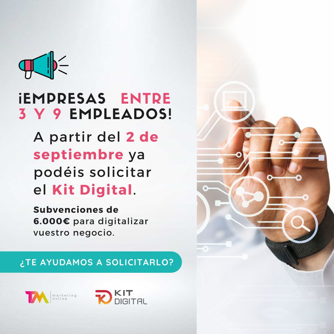 tmwebs's tweet photo. 📢Atención 📢¡Las empresas entre 3 y 9 trabajadores pueden solicitar el KIT DIGITAL a partir del 2 de septiembre! 👉¿No sabes cómo? Nosotros te ayudamos.
⏰No te demores, porque las ayudas se conceden por orden de llegada. https://t.co/hNCX1DHtO8