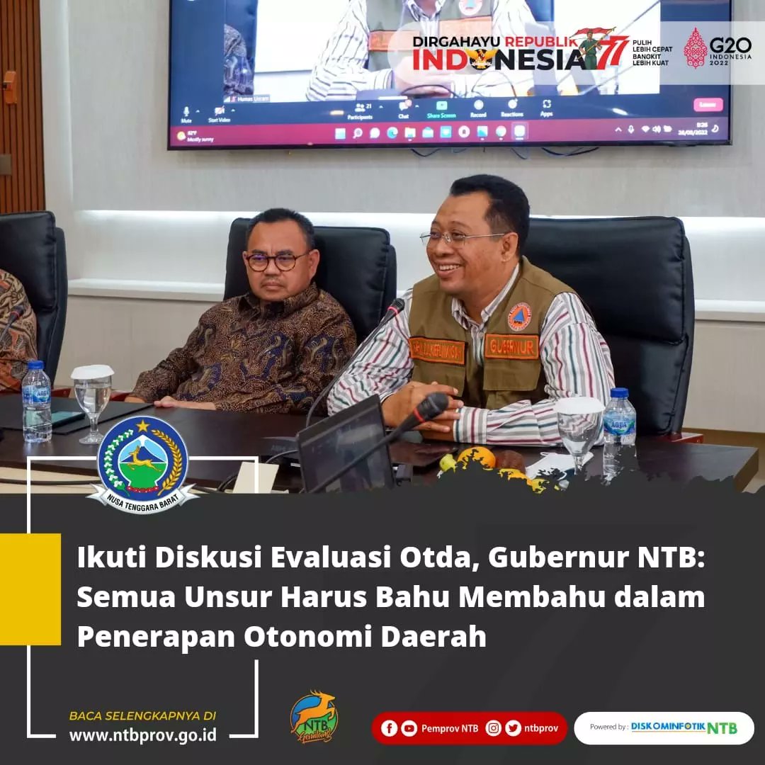 NTB_Prov's tweet photo. Ikuti Diskusi Evaluasi Otda, Gubernur NTB: Semua Unsur Harus Bahu Membahu dalam Penerapan Otonomi Daerah
Selengkapnya di laman website kami
#NTBGemilang
#Otda
#PemprovNTB
#Diskominfotik https://t.co/ijin6nI1IT