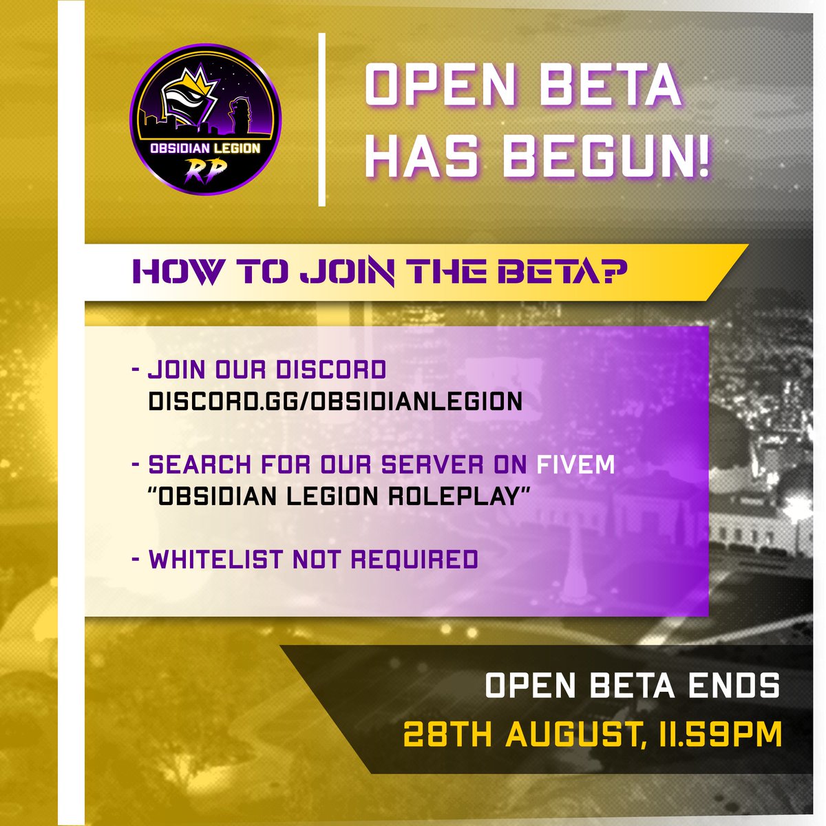 OLNRoleplay's tweet photo. The Obsidian Legion Roleplay Open Beta has officially started!

Join the server to experience what OLNRP has to offer, don't forget to join us in discord! Best part of all, you're not required to be whitelisted for the open beta! https://t.co/fztoaV5Qsr