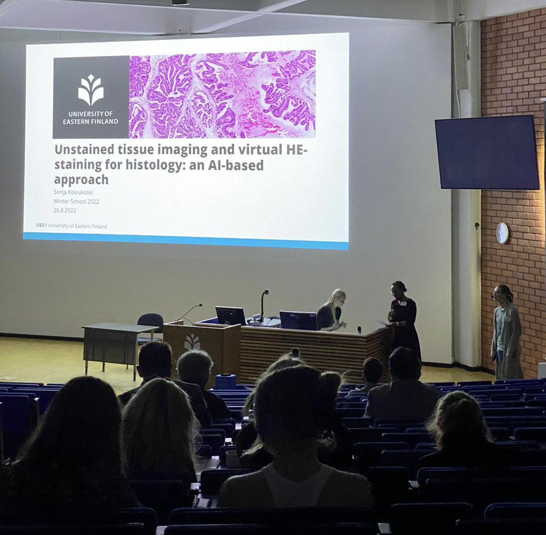 LatonenLeena's tweet photo. So proud of @SonjaKoivukoski presenting her exciting results in her PhD project in developing virtual staining for histology at #UEFwinterschool @UEF_DPMM @UniEastFinland https://t.co/OBg6VvnJ8d