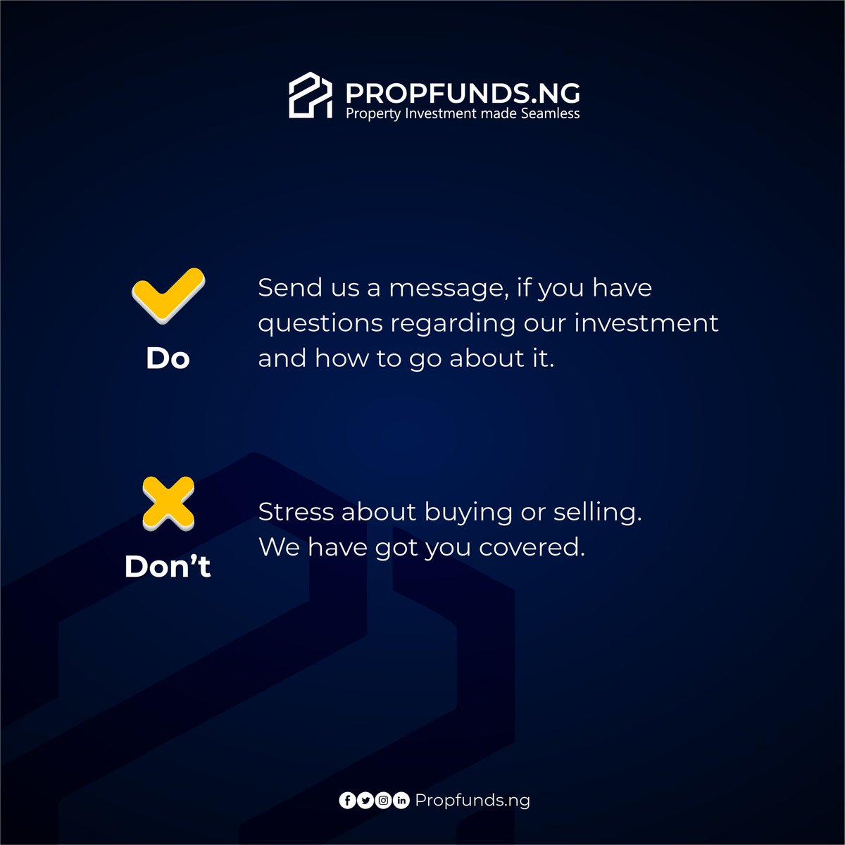 Propfundsng's tweet photo. We've got you covered😉

Have a great weekend✨
.
.
.
#realestate #investment #tech #realestatetech #investmentproperty #investingforbeginners #coownership #proptechstartup #proptechinnigeria #propfunds https://t.co/I9Py8cca6c