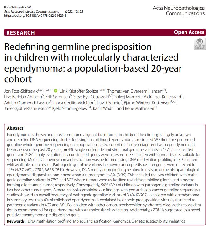 Check out our paper on #geneticpredisposition in childhood #ependymoma which has just been published in #ActaNeuropathologica 
<a href="/springerpub/">Springer Publishing</a>: doi.org/10.1186/s40478… #neurooncology #ChildhoodCancer #ChildhoodCancer #braintumor
<a href="/StoltzeUlrik/">Ulrik Stoltze</a>