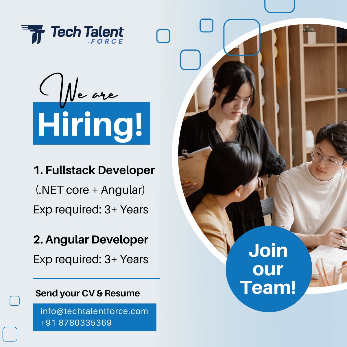 TechTalentForce's tweet image. We are hiring for #dotnetcore and #angular for #TechTalentForce located at #Ahmedabad

vasitum.com/view/job/6308a…

Interested candidates can share their CVs at info@techtalentforce.com or call on +91 8780335369

#dotnetcore #angular #backend #fullstack #5daysworking  #hiring #talent