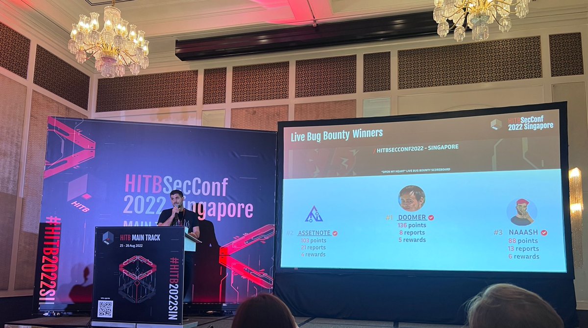 🏆 It is time to reveal the top three hunters of Open My Heart - our Live #BugBounty with <a href="/LazadaSG/">Lazada Singapore</a> at #HITB2022SIN! 

🥇 <a href="/DoomerOutrun/">doomerhunter (Victor Poucheret)</a> 
🥈 <a href="/assetnote/">Assetnote</a> 
🥉 <a href="/_naaash_/">Avi</a> 

Huge congrats and thank you to all the hunters who attended this live hacking event! You rock! 

#YesWeRHackers