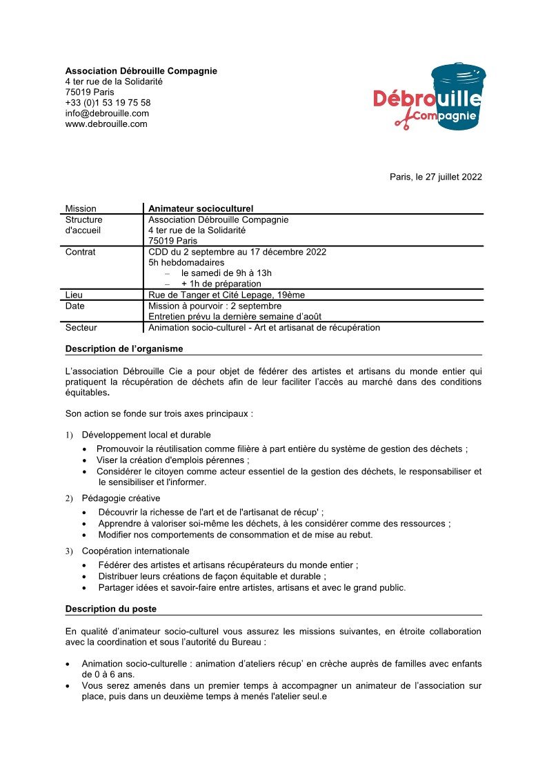 CieDebrouille's tweet photo. #recrutement #animationenfants
La Débrouille recrute ! 
Nous sommes à la recherche d'un.e animateur.trice afin de nous accompagner sur le dispositif des Samedis en famille (ateliers en crèche) 
Fiche de poste ci dessous : https://t.co/wUXFdKEdpa