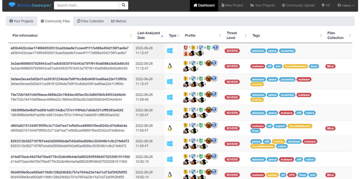 simonroses's tweet image. Assess any file for security/privacy, malware indicators, IOC, metadata, similarities, YARA, MITRE ATT&CK, file decomposition and more! Ask demo info@vulnex.com #FileAnalysis #threatintelligence #CyberSecurity #ThreatHunting #BlueTeam @BinSecSweeper