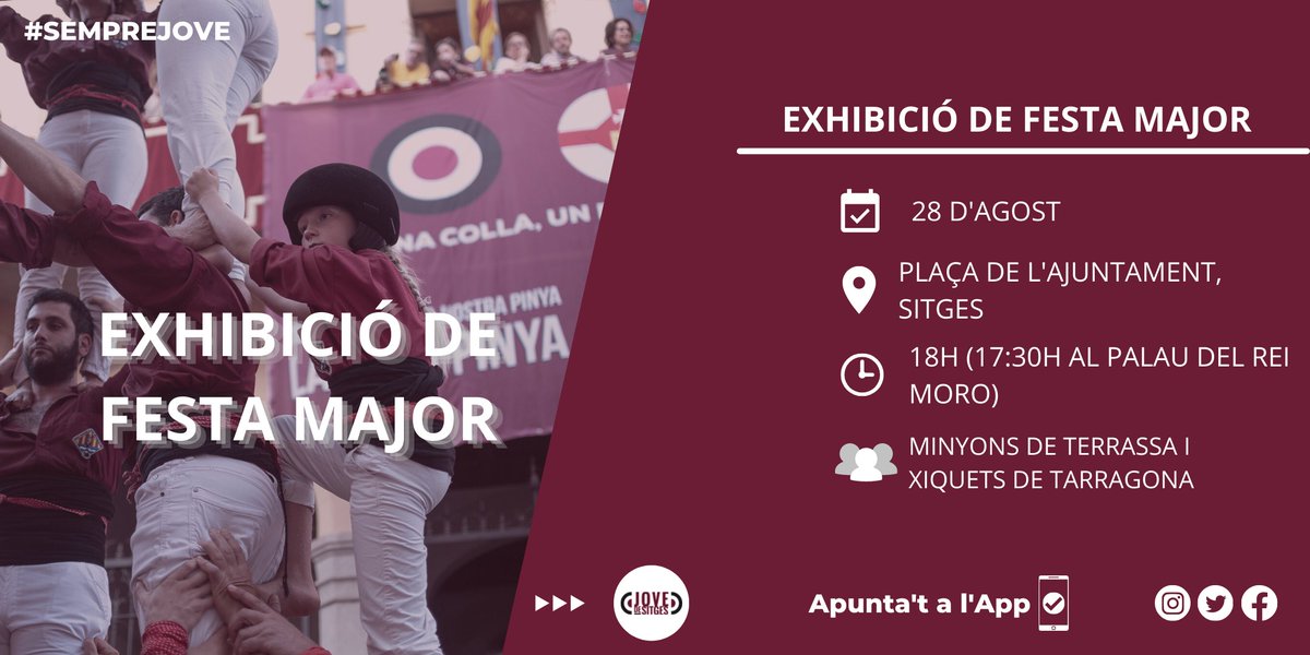 jovedesitges's tweet photo. Aquest diumenge tanquem la @fmsitges amb l'Exhibició de Festa Major acompanyats pels @Minyons i @xiquetstgn
Per fer-ho cal fer un gran assaig avui a les 21h al Palau del Rei Moro #SempreJove #FMSitges22 #castells https://t.co/KErg3er06O