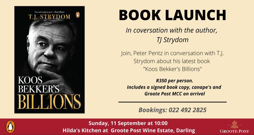 Join me in conversation with author, TJ Strydom about his latest book “Koos Bekker’s Billions” on Sun. 11 Sept. at @GrootePost 📚 #BookLaunch @PenguinBooksSA