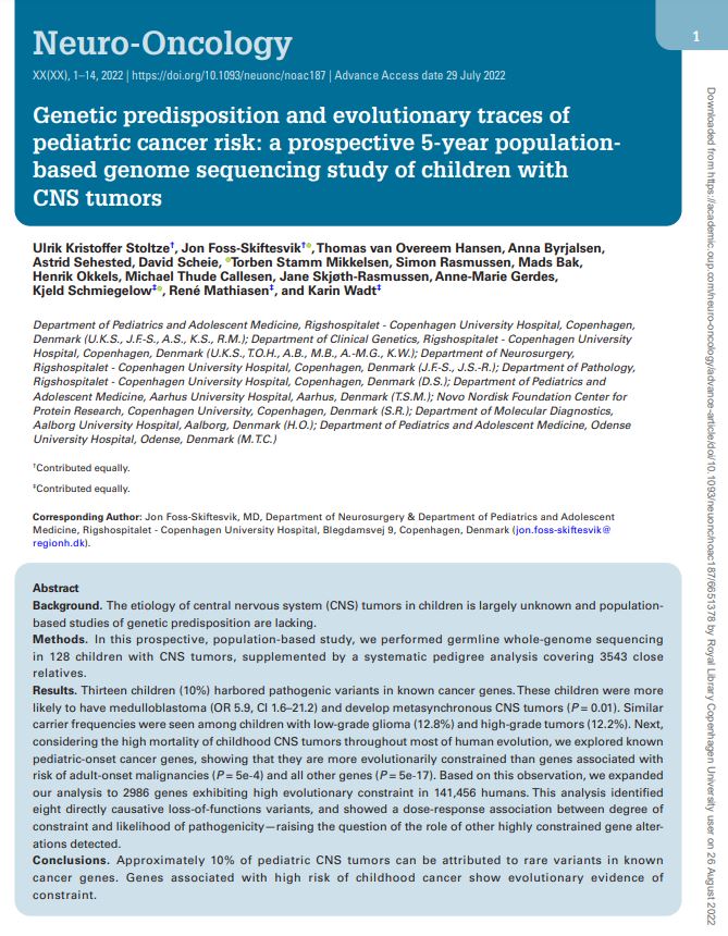 Interested in how the high mortality of pediatric #braintumors and #childhoodcancers have impacted the human gene pool? 
Then check out our #WGS study on 128 children with #CNS tumors just published in #NeuroOncology 
<a href="/NeuroOnc/">SNO</a>
  #pediatricbraintumors #constraint 
<a href="/StoltzeUlrik/">Ulrik Stoltze</a>