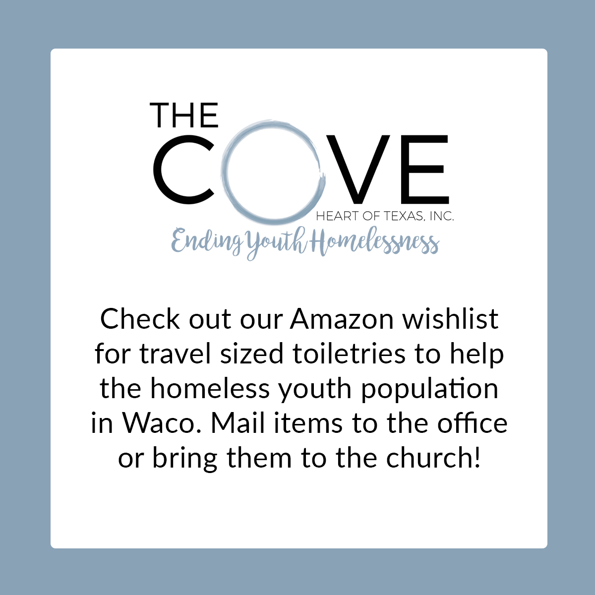 StPaulsWaco's tweet photo. Help us in supporting the Cove's mission by collecting travel toiletries for the students they serve. Purchase items from the Amazon wish list to ship to the church or shop locally and bring your donation by Sep 4. Click here to view the wish list: https://t.co/EIdY0rM42b. https://t.co/fFM6sNzguC