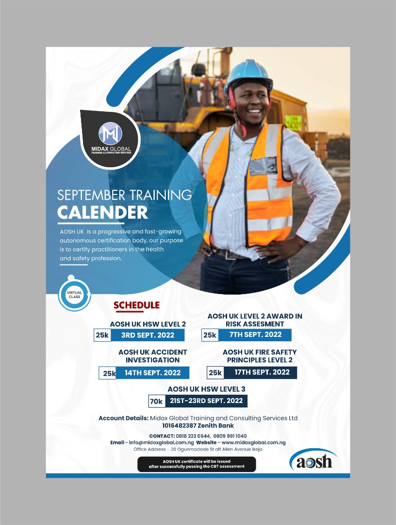 midax_global's tweet photo. Be HSE certified in order to build a positive & healthy relationship at your workplace.
Register now for any of our AOSH UK HSE Trainings and be glad you did!!
To Register:
Call/Chat: 08036563114, 09043547453
Email: info@midaxglobal.com.ng
#aosh #hse https://t.co/ayB87PiNCU
