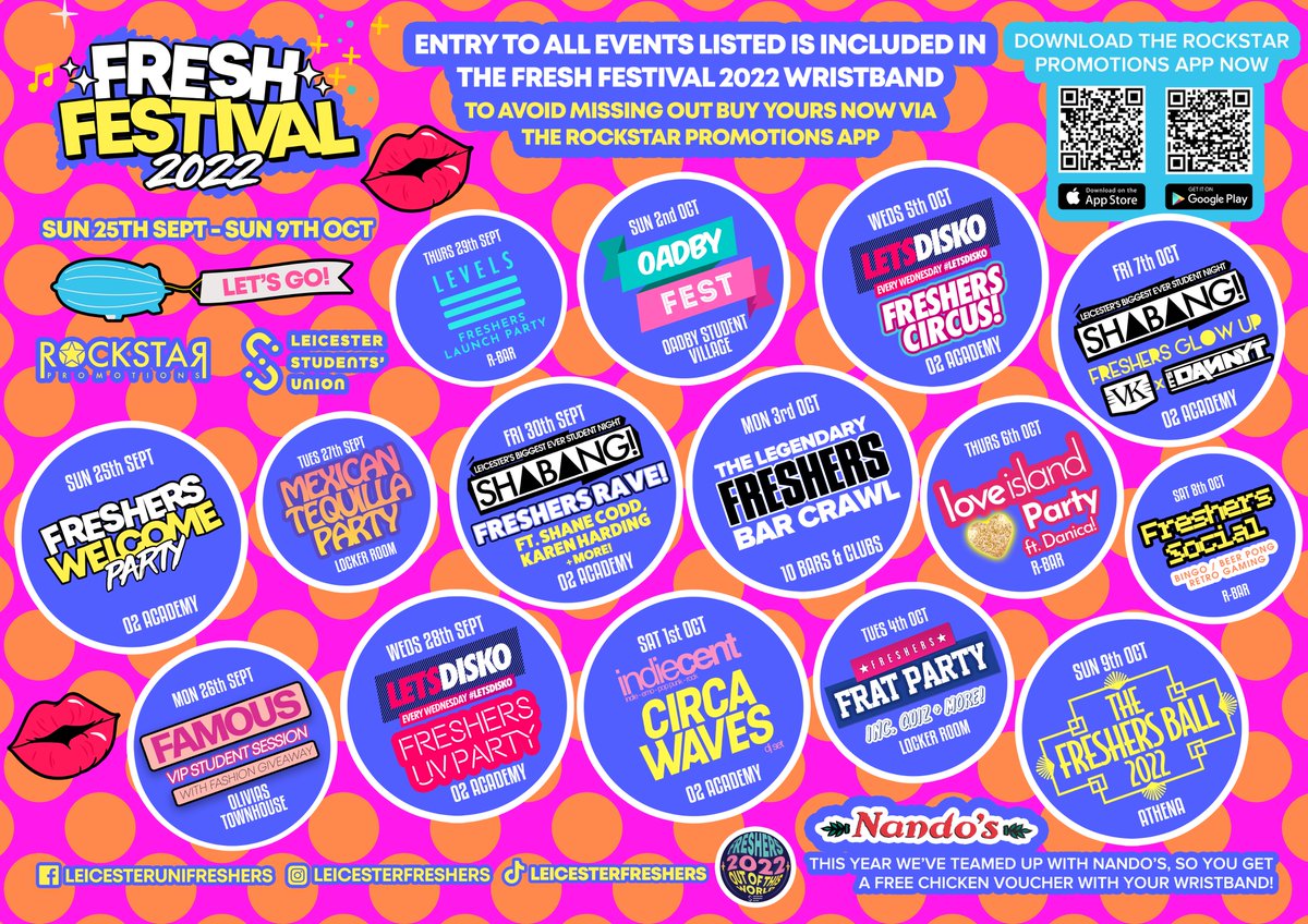 Fresh Festival 2022 Wristbands NOW ON SALE! Includes entry to all 15 events!

Limited number available and they sell out every year! Only £55! BUY NOW from the Rockstar Promotions app. Search 'Rockstar Promotions' and download the app.

<a href="/LeicesterUnion/">Leicester Students’ Union</a> <a href="/uniofleicester/">University of Leicester</a>