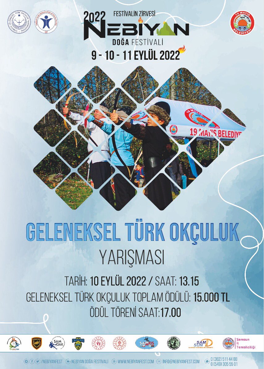 📍<a href="/NebiyanFest/">Nebiyan Doğa ve Gençlik Festivali</a> Seni Bekliyor…

<a href="/19MayisBld/">19 Mayıs Belediyesi</a> tarafından 9-11 Eylül 2022 tarihlerinde düzenlenen, Nebiyan Doğa Festivalinde Geleneksel Türk Okçuluk Yarışması yerini alıyor. 
🗓 10 Eylül 2022 Cumartesi
Kayıt için: t.ly/Ghhv 
<a href="/cengiztoksoz/">Cengiz TOKSÖZ 🇹🇷</a> <a href="/tgtofed/">Türkiye Geleneksel Türk Okçuluk Federasyonu</a>
