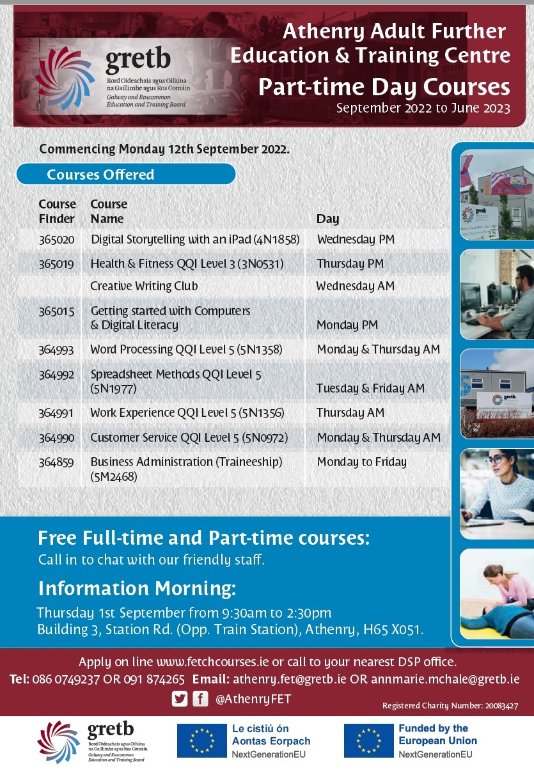 Athenry Further Education & Training Centre, GRETB (@athenryfet) on Twitter photo Some daytime courses that we're running <a href="/AthenryFET/">Athenry Further Education & Training Centre, GRETB</a> from Mon 12th Sept onwards.
Information session Thurs 01 Sept 9.30am - 2.30pm when you can take a look around, meet with our lovely staff member AnnMarie, learn more about what's on offer <a href="/AthenryFET/">Athenry Further Education & Training Centre, GRETB</a> & register.
#ThisisFET Some daytime courses that we're running <a href="/AthenryFET/">Athenry Further Education & Training Centre, GRETB</a> from Mon 12th Sept onwards.
Information session Thurs 01 Sept 9.30am - 2.30pm when you can take a look around, meet with our lovely staff member AnnMarie, learn more about what's on offer <a href="/AthenryFET/">Athenry Further Education & Training Centre, GRETB</a> & register.
#ThisisFET