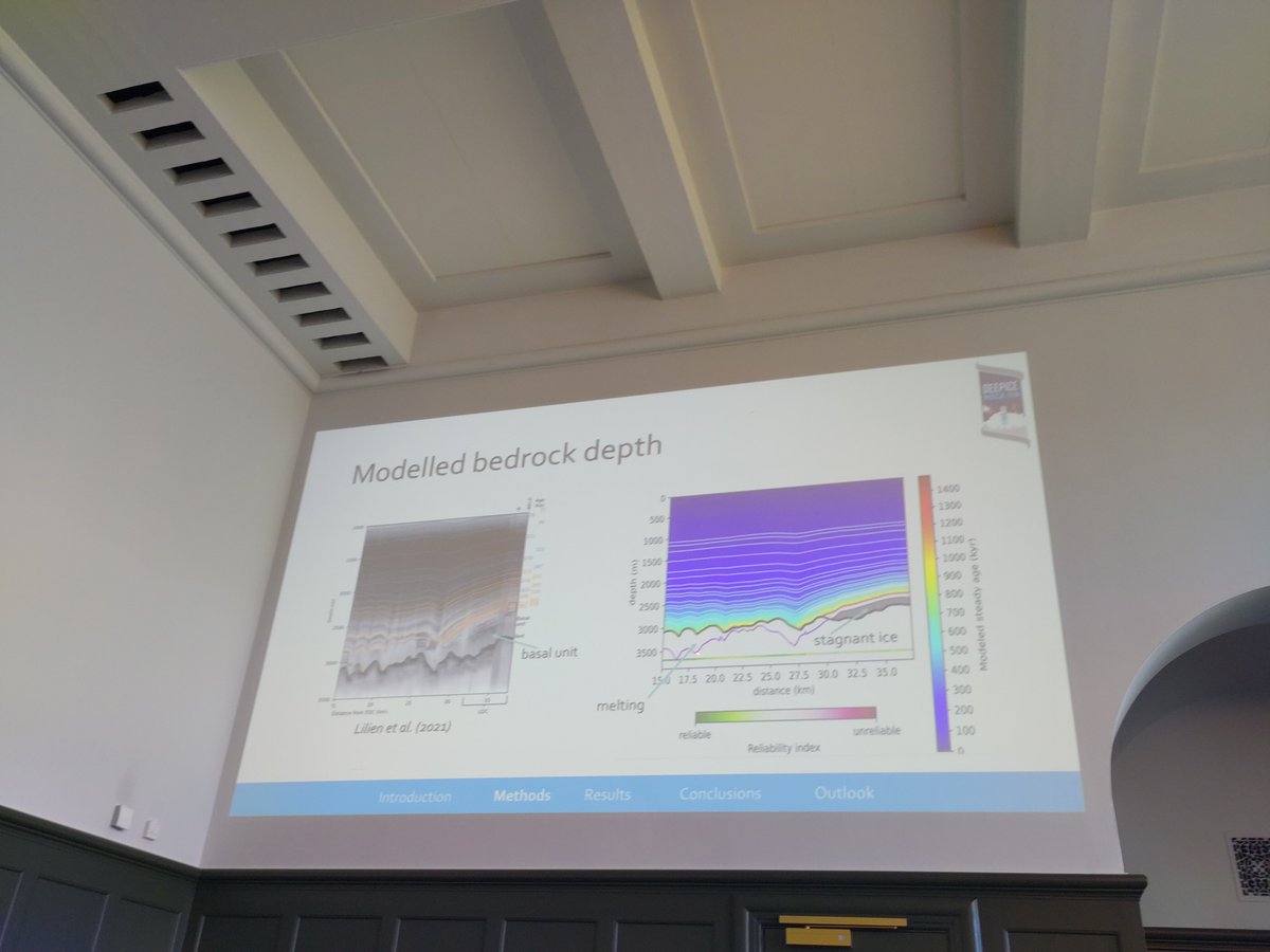 Ailsa Chung from the @deepice_project and modelling the age of the @OldestIce in little Dome C. Always nice when your model predicts something and then you find someone already observed it.. #cryosphere2022