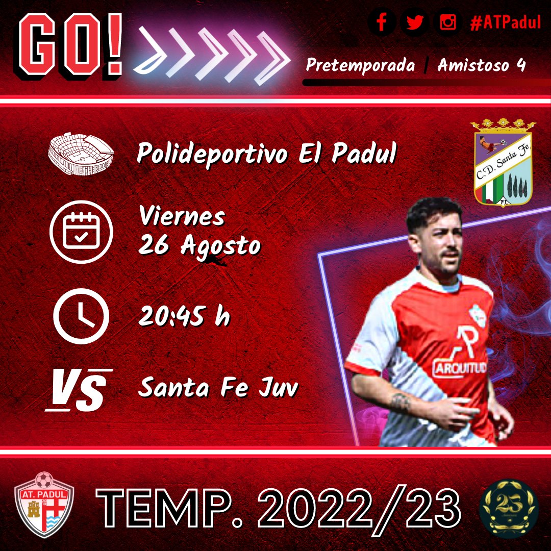 Pretemporada 2022/23 | Amistoso 4

Ya tienes planazo para esta tarde en el Pvo. El Padul para disfrutar de una de las canteras + fructíferas de Granada.

📅 Viernes 26 Agosto
⏰ 20.45 h
At. Padul 🆚️ <a href="/CD_SantaFe/">C.D. Santa Fe</a> juv
🏟 Pvo. El Padul 

#VamosPadul #ElPadul #ValledeLecrin #Granada