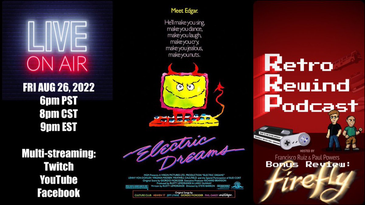 pauljpowers's tweet photo. Podcasting our review of Electric Dreams tonight! Join us live on the Retro Rewind Podcast @retrorewindpod streams and in the chat. 
Guest-host: @ThatsOurBobbo https://t.co/8q0PRIOV1G