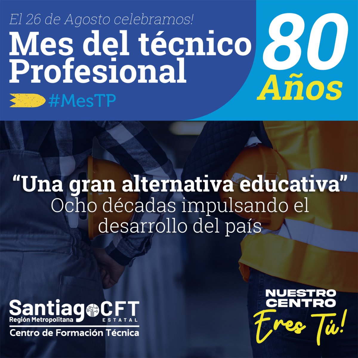 cft_rm's tweet photo. En el día de la Educación Técnico Profesional, donde se conmemoran los 80 años 👏 queremos saludar a todos nuestros docentes que trabajan día a día para impartir sus conocimientos y muy especialmente a nuestros alumnos, que son el motor de nuestra institución.
#semanaTP https://t.co/uyyayUBEfs