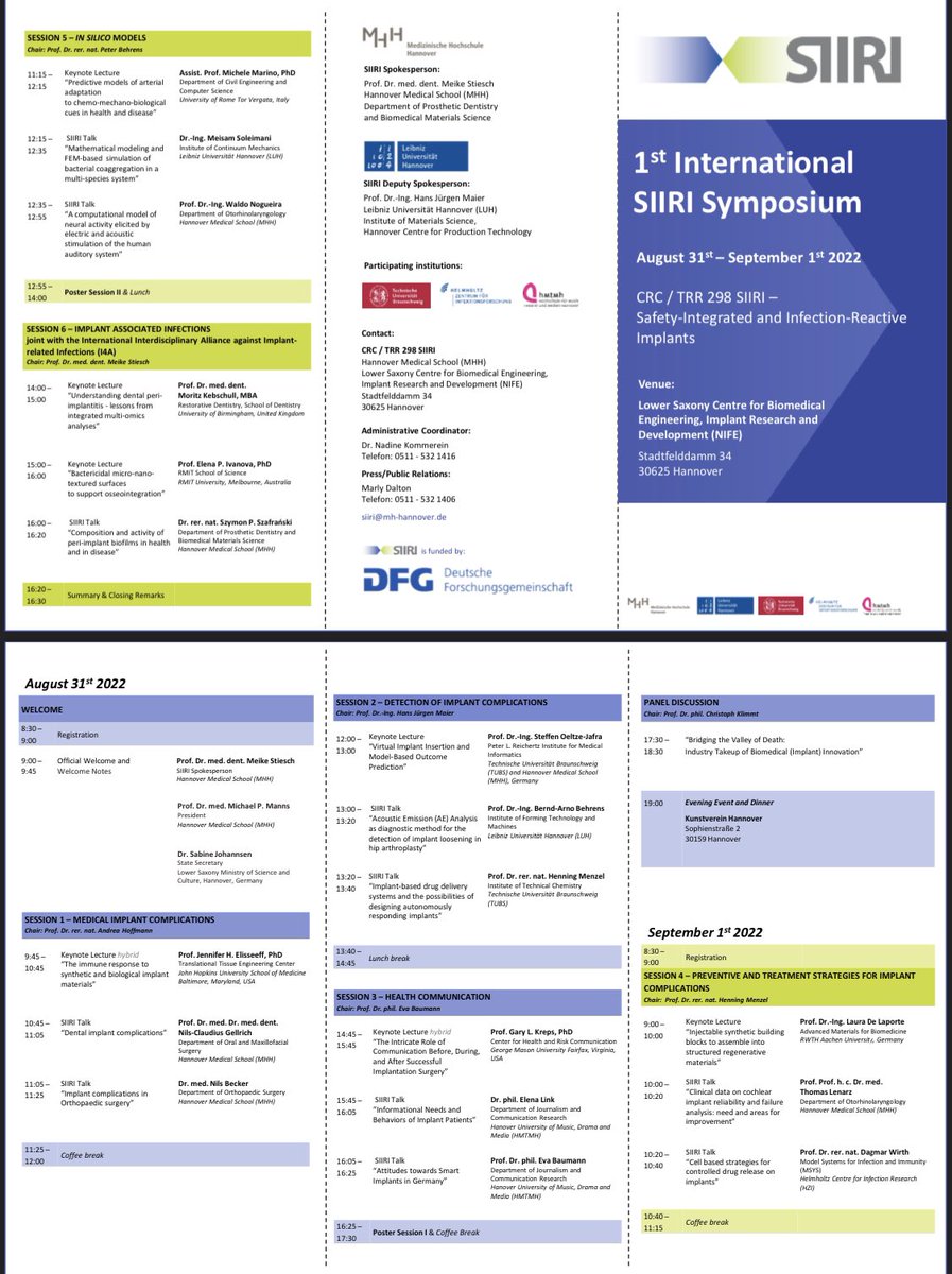 CRC/TRR 298 SIIRI (@crc_siiri) on Twitter photo 1st International SIIRI Symposium
> August 31st and September 1st 2022 > in Hannover
Registration: until August 30th 2022 via E-Mail to siiri@mh-hannover.de
#science #implants #implantresearch #research #symposium #siiri 1st International SIIRI Symposium
> August 31st and September 1st 2022 > in Hannover
Registration: until August 30th 2022 via E-Mail to siiri@mh-hannover.de
#science #implants #implantresearch #research #symposium #siiri