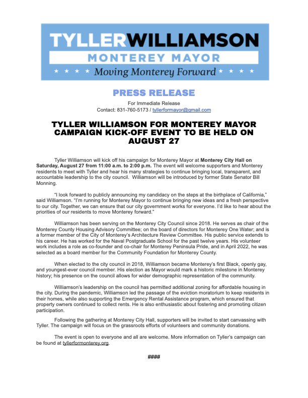 Reminder of Tyller Williamson’s Campaign Kickoff for Monterey Mayor TOMORROW, Saturday from 11am-2pm at Monterey City Hall. #Tyller4Monterey #MovingMontereyForward