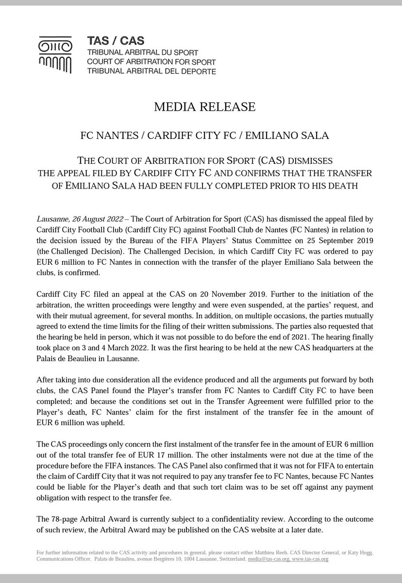 El TAS rechaza la apelación de Cardiff por la transferencia de Emiliano Sala. Para el Tribunal, la transferencia estaba completa antes del fallecimiento del jugador.