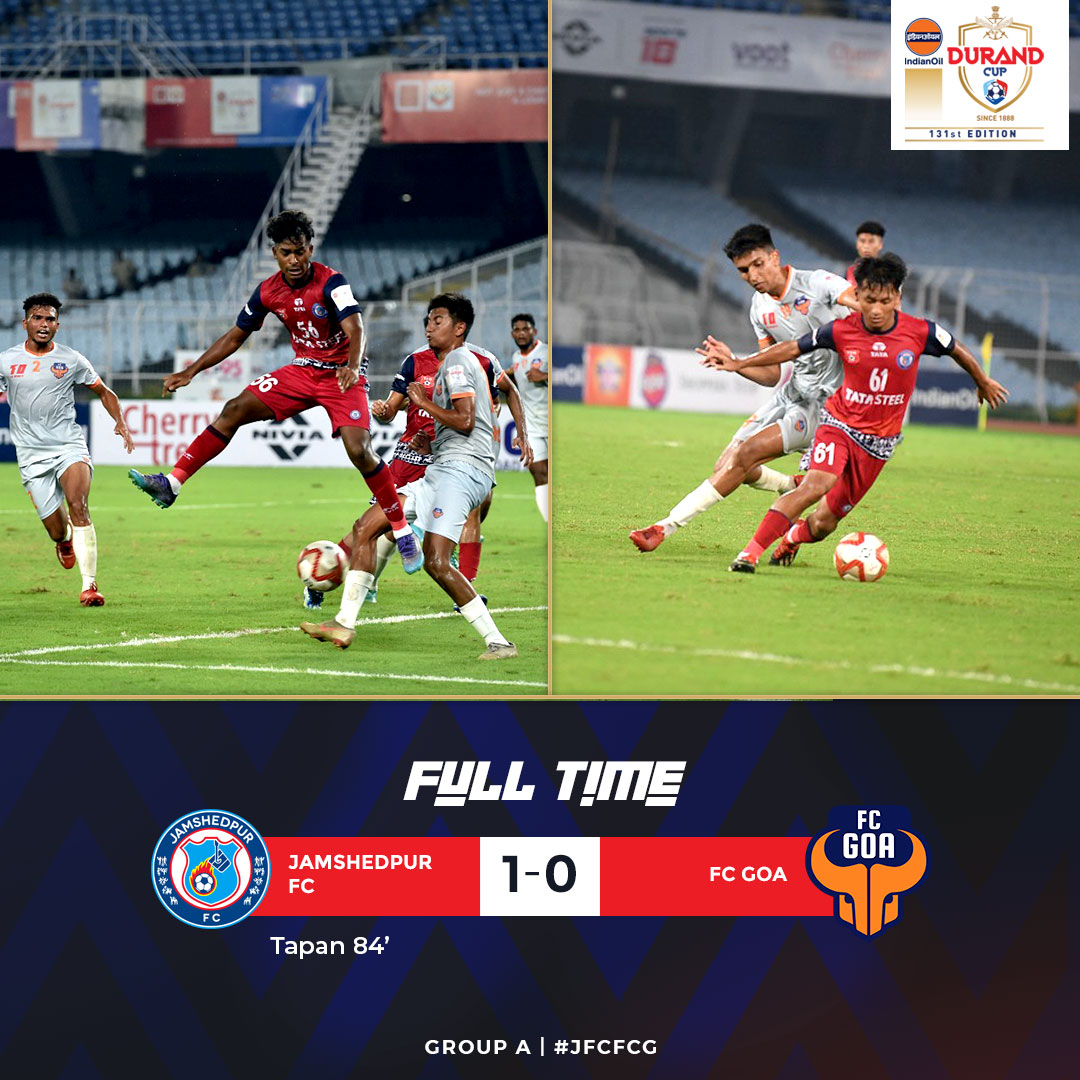 thedurandcup's tweet photo. 𝐅𝐮𝐥𝐥 𝐓𝐢𝐦𝐞!

@JamshedpurFC wins their first game of the tournament after a fantastic performance against defending Champions @FCGoaOfficial. Thanks for joining us!

#JFC 1-0 #FCG

#JFCFCG ⚔️
#VYBK 🏟️
#DurandCup 🏆
#IndianOilDurandCup 🏆
#DurandCup2022 🏆
#IndianFootball ⚽ https://t.co/Ya5MSU66u0