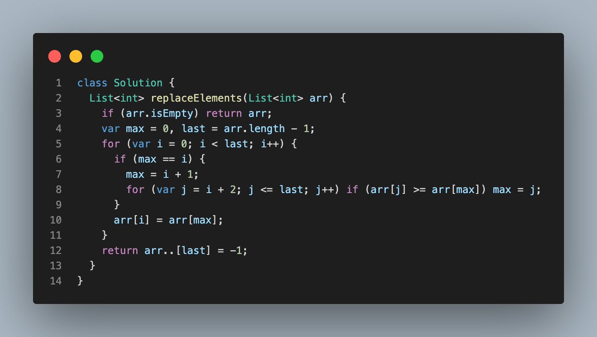 plugfox's tweet photo. #leetcode #easy #dart #dartdev #dartlang #flutter #flutterdev #plugfox
1299. Replace Elements with Greatest Element on Right Side
https://t.co/BDZQDBFFik https://t.co/dqNgKgEI3z