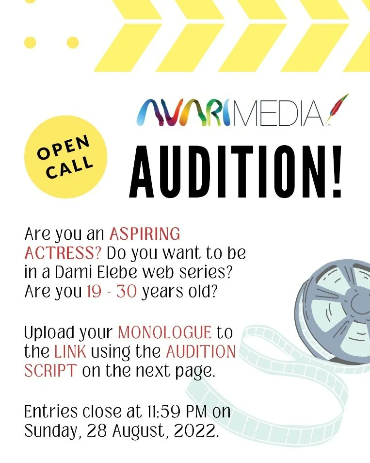 DamiElebe's tweet photo. AUDITIONS!!!!! 

LINK TO SUBMIT: https://t.co/uDWtsn7ZZp

Please follow instructions. Audition script is also in the link. https://t.co/kaWDNViGgm