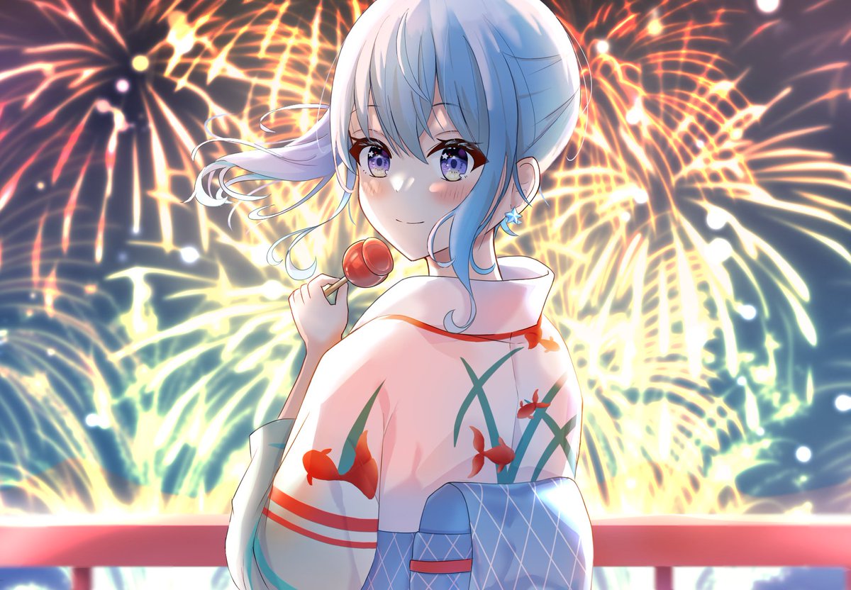 hoshimachi suisei 1girl japanese clothes kimono solo fireworks food blue hair  illustration images