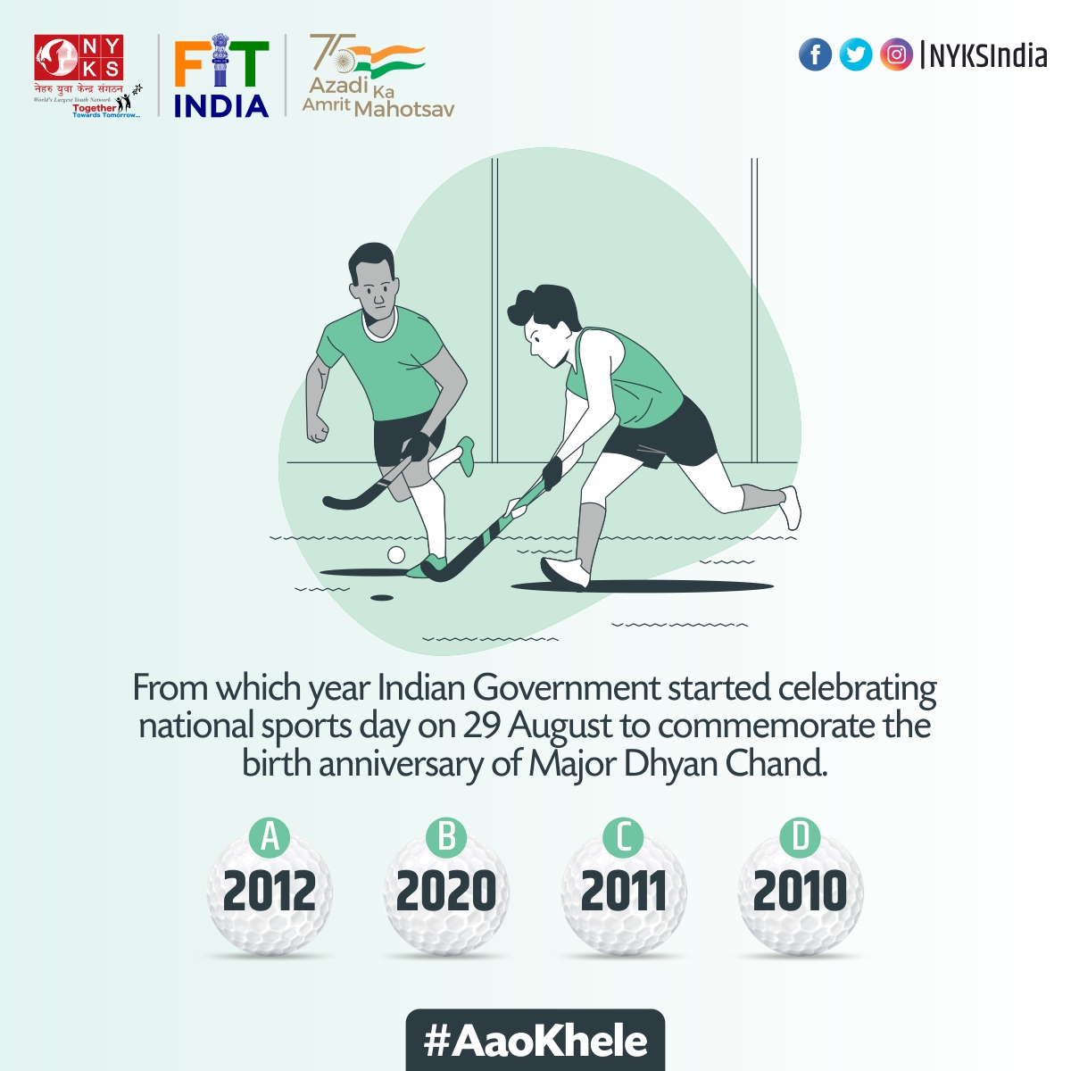 MYBharatHQ's tweet photo. From which year Indian Government started celebrating National Sports Day on 29 August to commemorate the birth anniversary of Major Dhyan Chand.

#AaoKhele  #Sports4Unity #NationalSportsDay2022 #IndianSports

@FitIndiaOff @IndiaSports @Media_SAI @toisports @YASMinistry https://t.co/kGGnjsVYfv