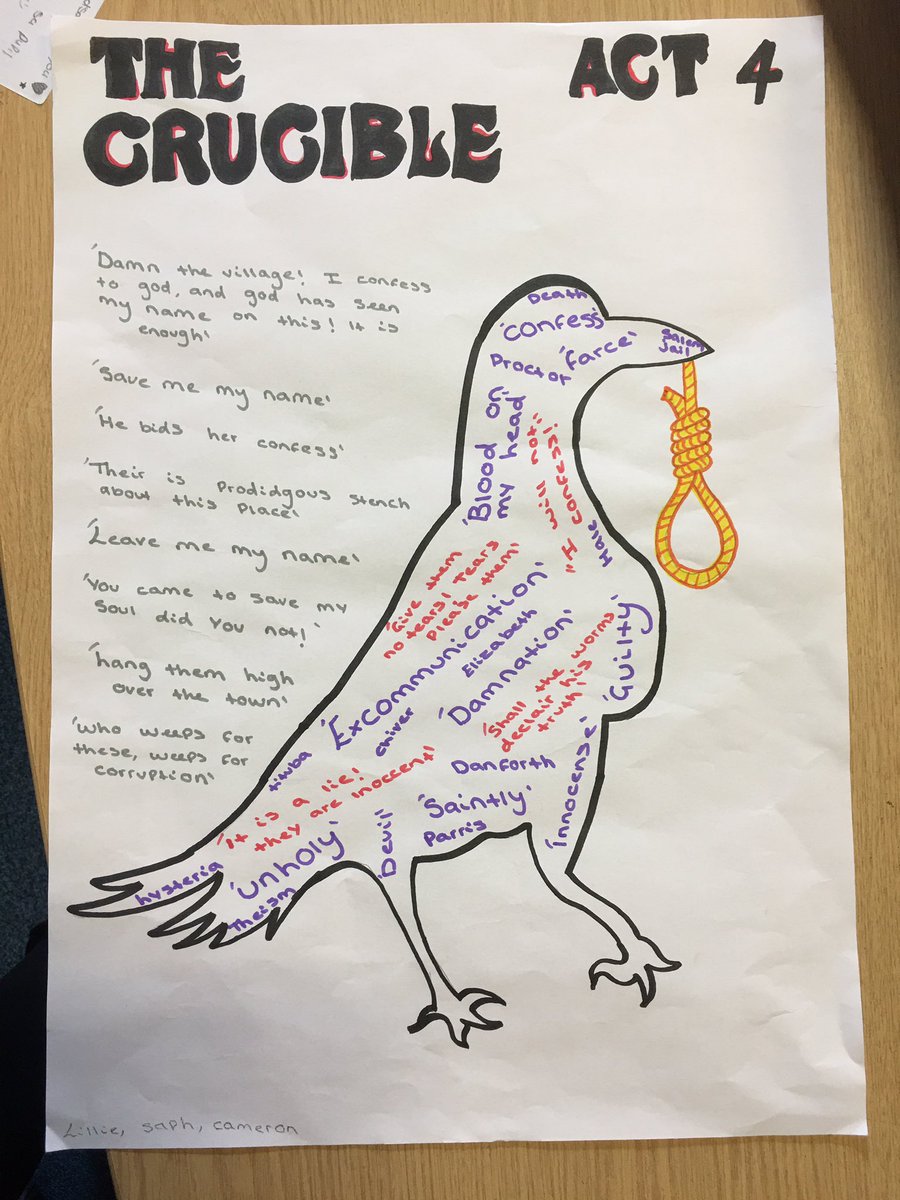 BBExpArts's tweet photo. #HIGHERDRAMA creating some beautiful wordscapes to show their knowledge and understanding of The Crucible by Arthur Miller. The class explored main themes&issues, characters, key quotes and the social context of the play. #creative #makelearningengaging #drama @Bellbaxter_HS https://t.co/E4Oadv6ZhF