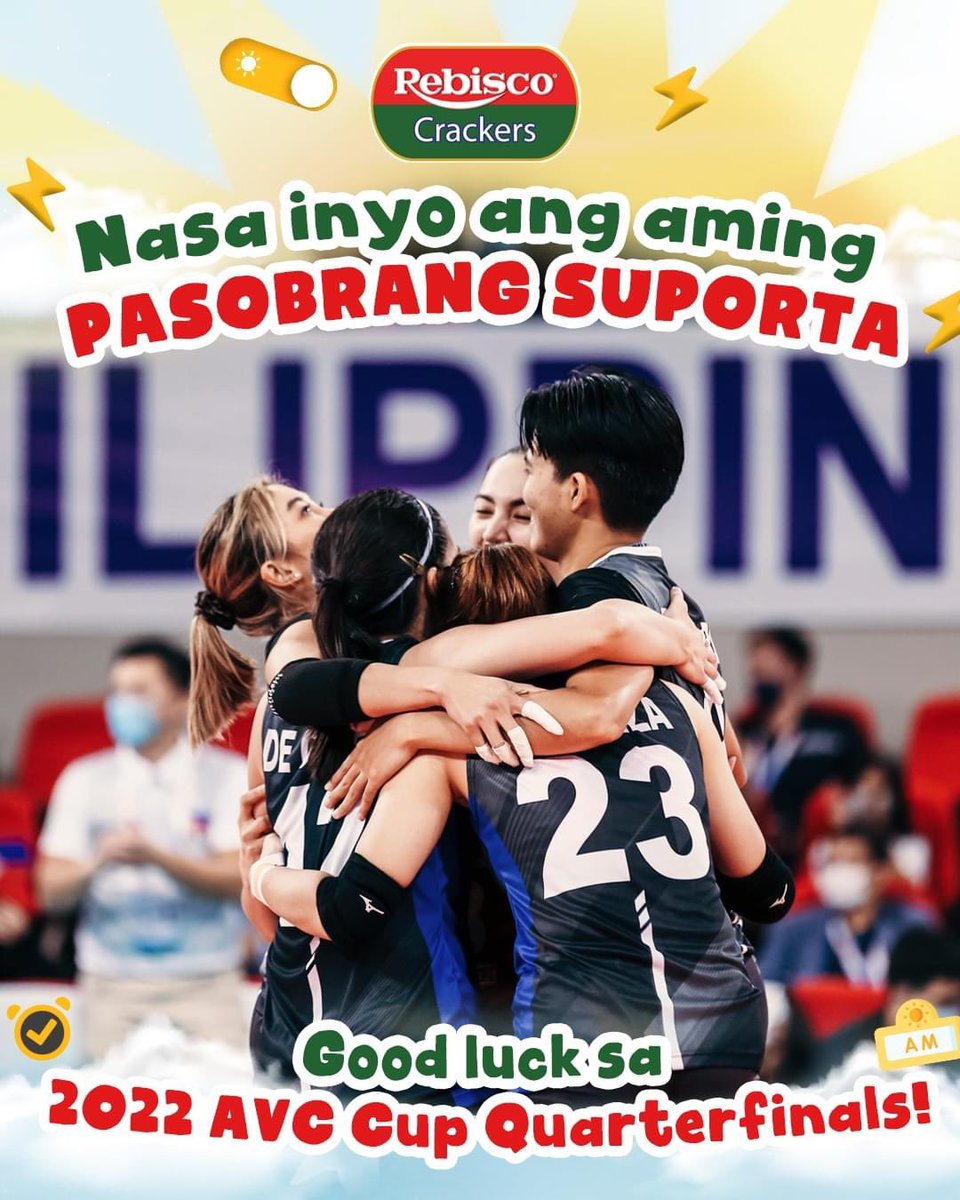RebiscoVBallPH's tweet photo. Let's give our full support to the Creamline Cool Smashers tomorrow at the 2022 AVC Cup Quarterfinals! Go Team Philippines! Ang Pambansang Good Vibes!

Catch the games in person at the PhilSports Arena, Pasig City or Live on One Sports+, Smart Gigaplay and Cignal Play. https://t.co/HthuPbelww