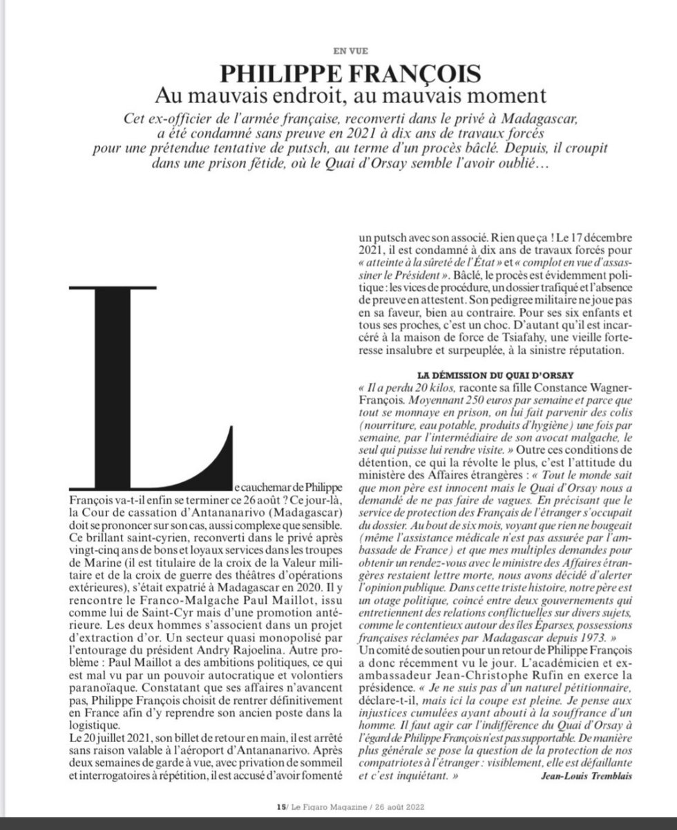 A mettre hélas en parallèle avec l'inaction du Quai d'Orsay dans l'affaire #PhilippeFrancois, comme le rappelle Jean-Louis Tremblais dans <a href="/FigaroMagazine_/">Le Figaro Magazine</a> de ce week-end. Notre compatriote vient d'être condamné ce matin à 10 ans de travaux forcés par Madagascar !