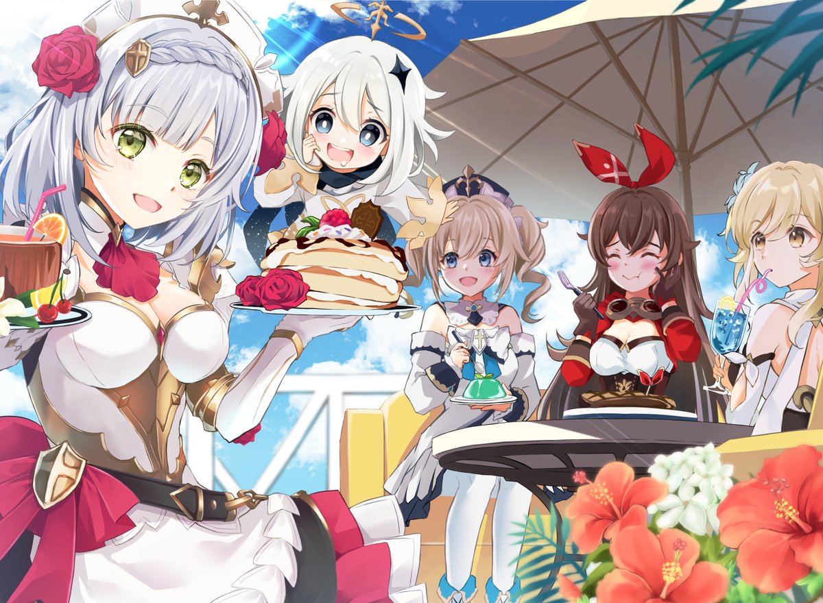 アンバー(原神) ,バーバラ(原神) ,蛍|ほたる(原神) ,ノエル(原神) ,パイモン(原神) 「summer tea party #原神 #GenshinImpact 」|maya@COMITIA144【H24a】のイラスト