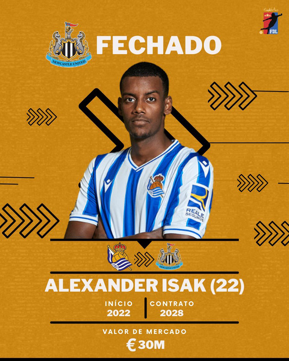 foideletra's tweet photo. 🚨| Alexander Isak será jogador do Newcastle. O sueco de 22 anos assinou o contrato de 6 anos com os ingleses.

#Newcastle #NUFC #PL https://t.co/JikxHsM0sd