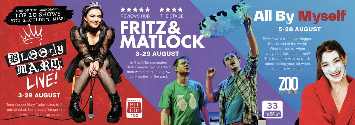 potmtheatre's tweet photo. only a few more chances to see
๐ @guardianstage #edfring pick #BloodyMaryLive! 22:00 @eicc 4โญ๏ธ @broadwaybaby @theweereview
๐ฎ @OffWestEndCom nom'd @brightonfringe Award for Excellence shortlisted #FritzandMatlock 14:05 @ThePleasance
๐คณphys theatre #AllByMyself @ZOOvenues 18:25 https://t.co/ZLc6HiCRWh