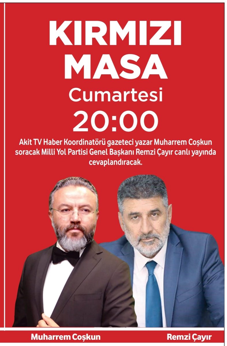 Genel Başkanımız Sayın @remzicayir06;

🗓️ 27 Ağustos Cumartesi (yarın)
⏰ 20.00
📺 Akit TV 

Muharrem Coşkun ile 'Kırmızı Masa' programının canlı yayın konuğu oluyor.

Sizleri de ekran başına bekliyoruz.