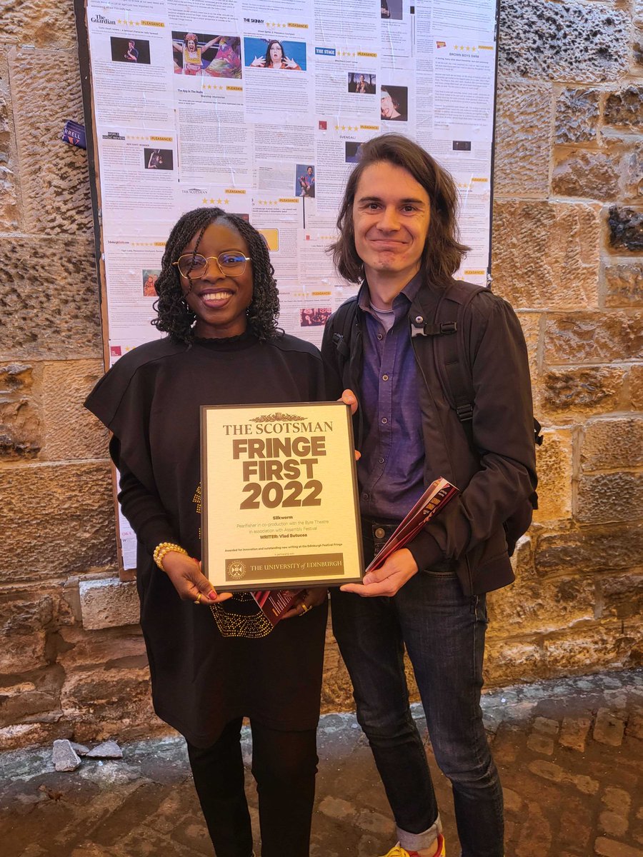 Director @moji_elufowoju and Writer <a href="/vladbutucea/">Vlad Butucea</a> very proudly holding the <a href="/TheScotsman/">The Scotsman</a> #FringeFirst award for Silkworm! 🏆

There's only a few days left to catch it at <a href="/AssemblyRoxy/">Assembly Roxy</a>! ⏰🎟 assemblyfestival.com/whats-on/silkw…