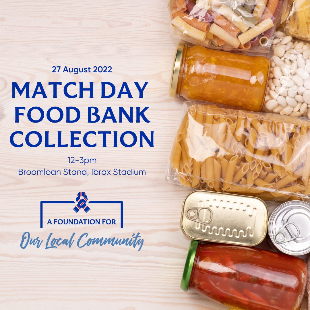 RangersFC's tweet photo. 💙 The @RFC_Charity is making an urgent appeal to fans to help support our local food banks at Ibrox on Saturday. 

The food collection point will be at the Broomloan Stand side, across from the Blue Gates, 12pm-3pm.

👉 All the details: https://t.co/bm301cV7aB https://t.co/cXPY1yb1ld